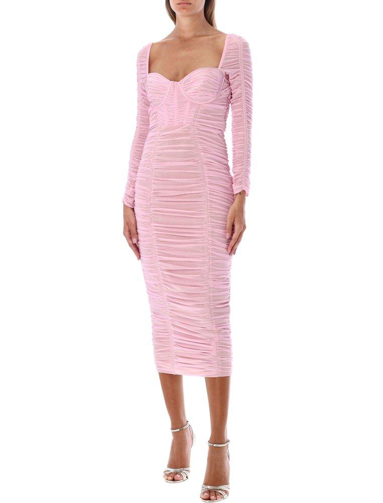 Self-Portrait Power Mesh Long Sleeve Midi Dress in Pink | Lyst