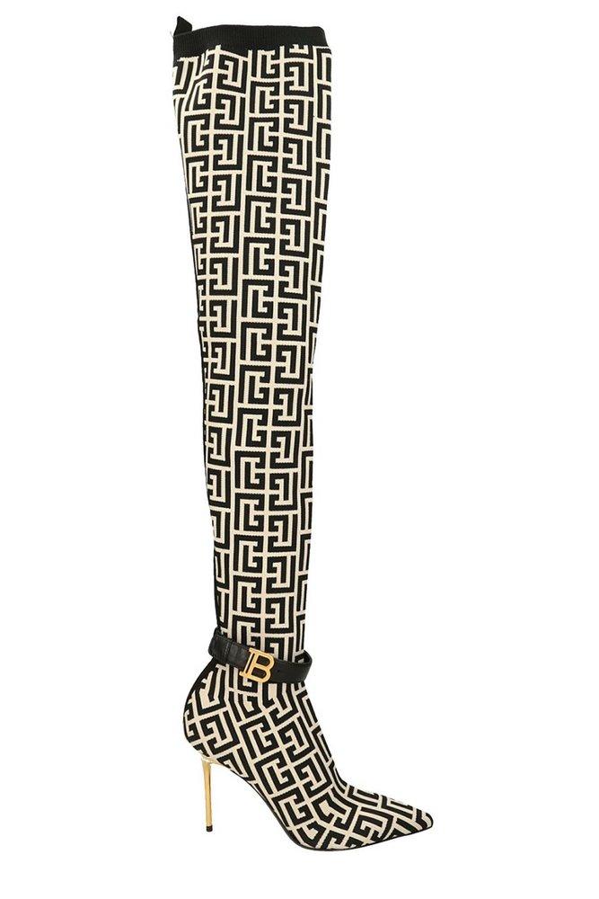 Balmain Monogram Strap Knit Raven Thigh-high Boots in Black | Lyst