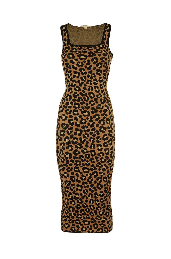 Michael Kors Leopard Jacquard Midi Dress in Natural