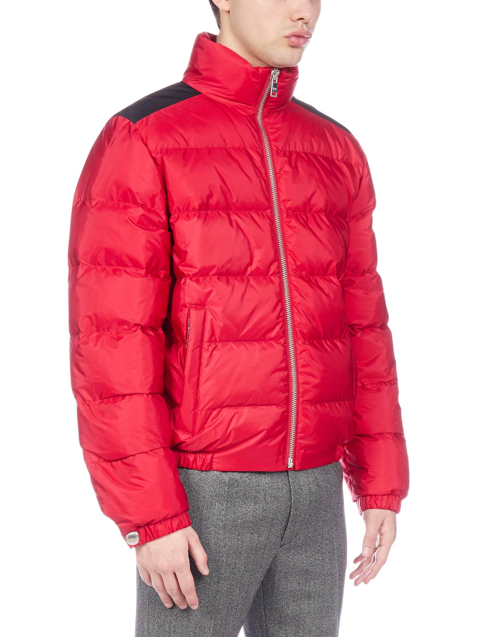 Prada Synthetic Triangle Logo Puffer Jacket in Red for Men Lyst