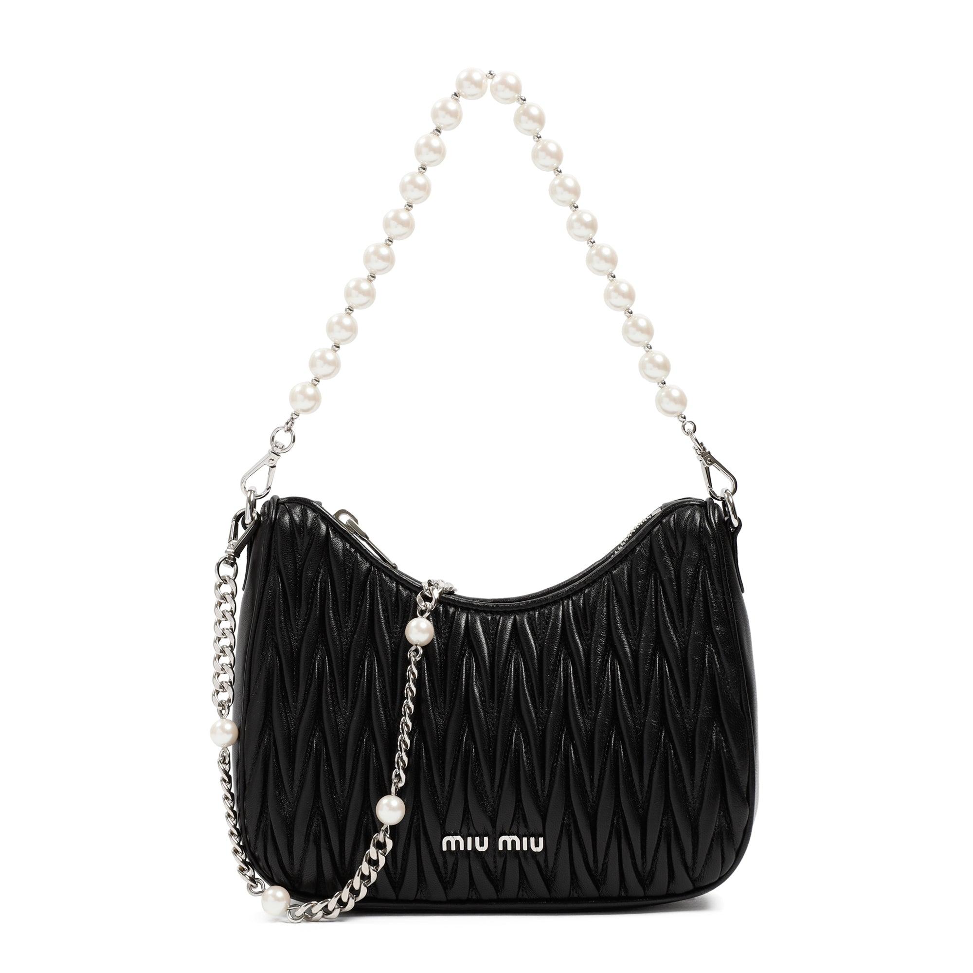 Miu Miu Matelassé Pearl Embellished Shoulder Bag in Black | Lyst
