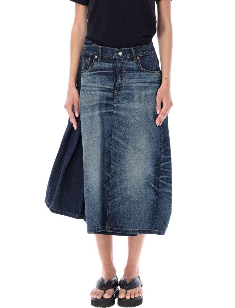 Junya Watanabe Asymmetric Paneled Pleated Denim Midi Skirt in Blue | Lyst