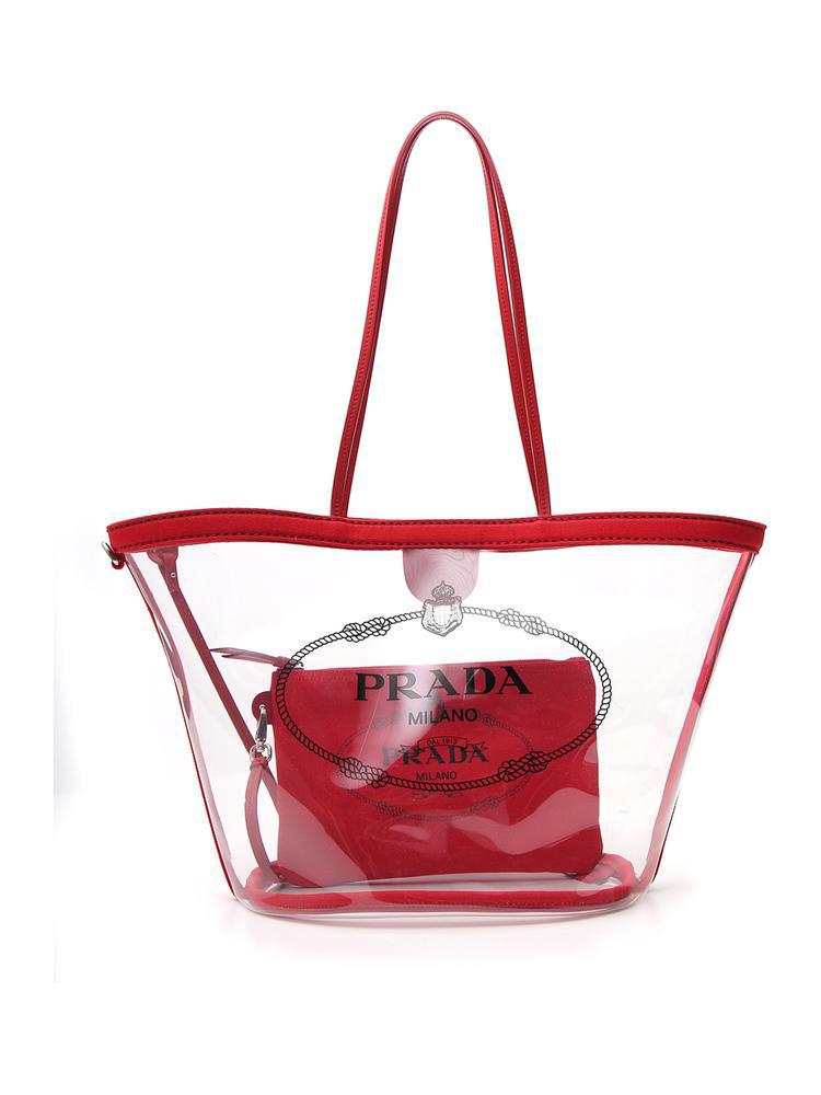 Prada Leather Transparent And Red Pvc Tote | Lyst