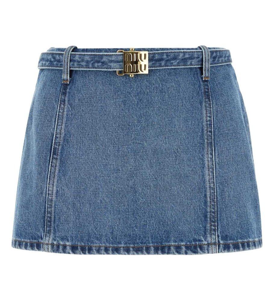 Miu Miu Belted Straight Hem Denim Skirt in Blue | Lyst