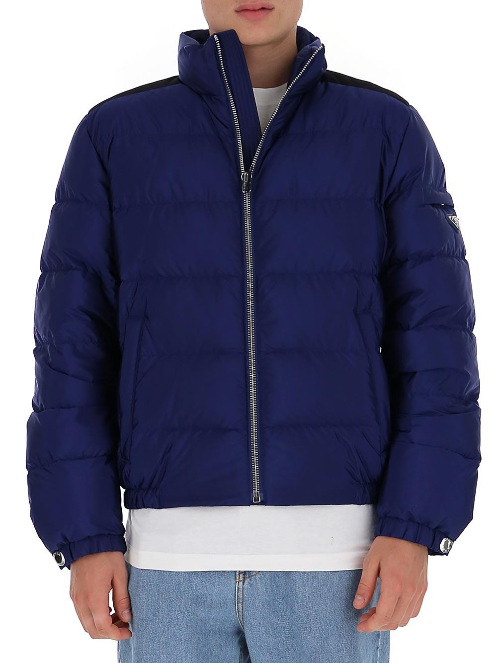 Prada Synthetic Triangle Logo Puffer Jacket in Blue for Men - Lyst