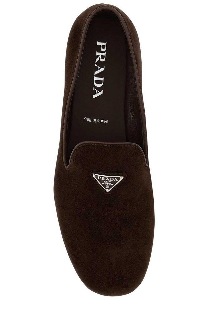Prada Logo Plaque Slip on Loafers in Brown for Men Lyst