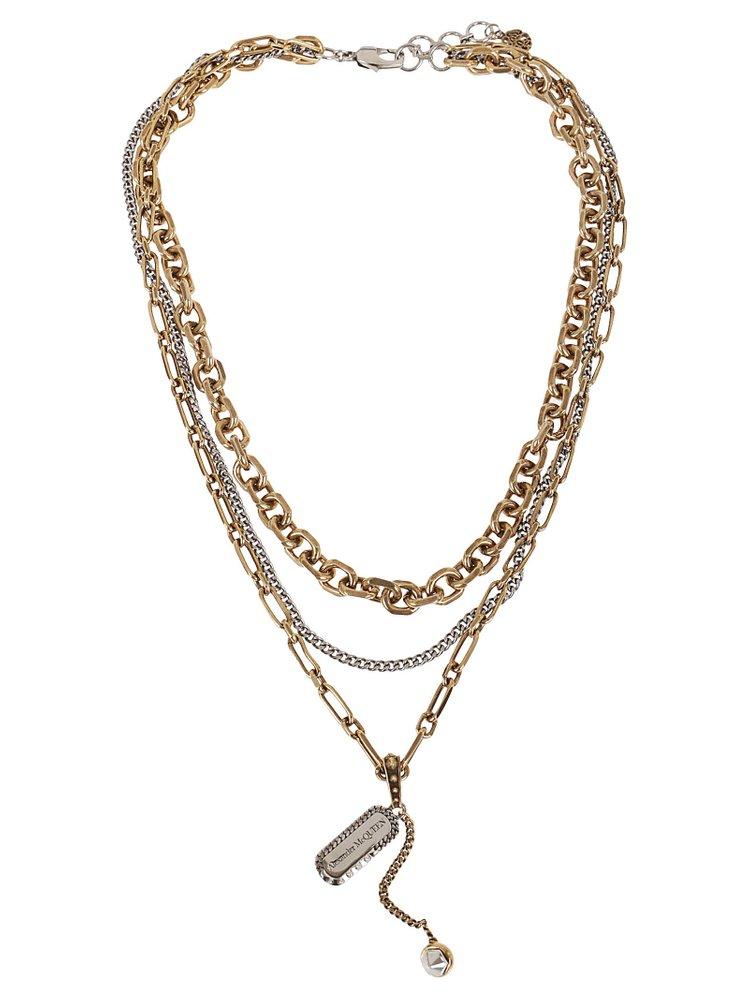 Alexander McQueen Logo Engraved Triple Chained Necklace in