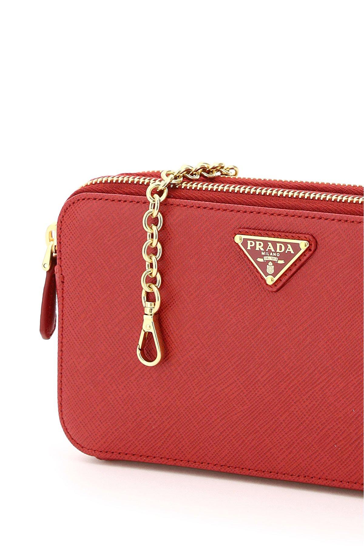 Prada Double Zip Wallet on Chain Crossbody Saffiano Leather Mini Red