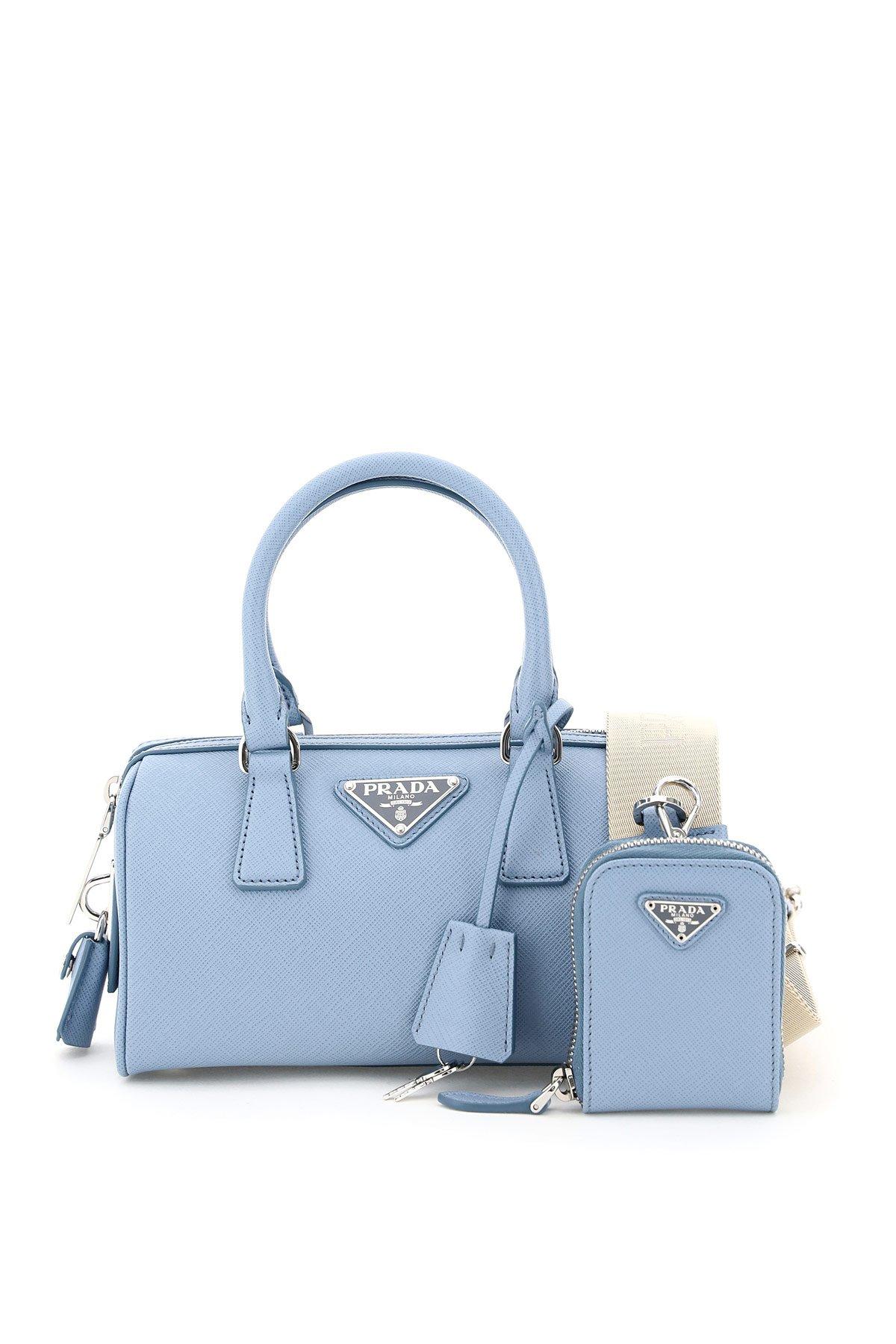 Prada Logo Plaque Saffiano Top Handle Bag in Blue | Lyst