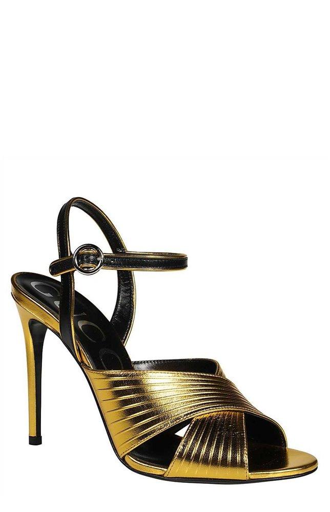 Manolo Blahnik Crisscross Sandals Metallic Gold Size 38.5 Peep Toe Hee –  Celebrity Owned