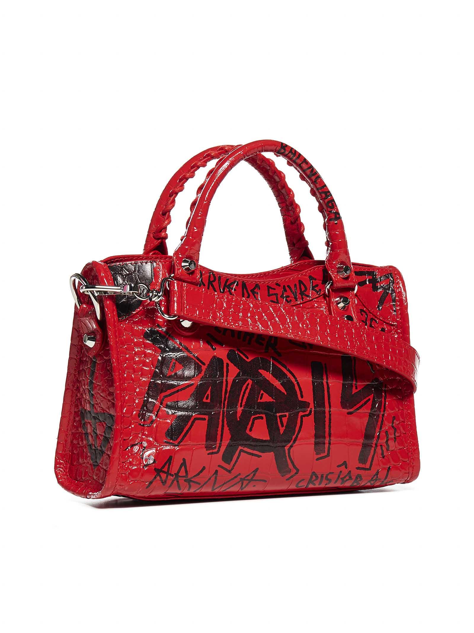 Balenciaga Mini City Graffiti Print Croco Leather Bag in Red - Black 