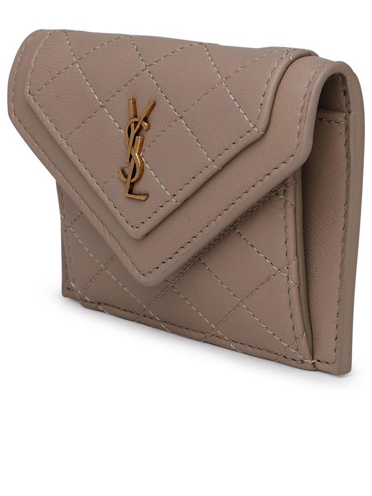 YVES SAINT LAURENT YSL Card Case Gaby Tri Fold Quilted Leather Dark Beige