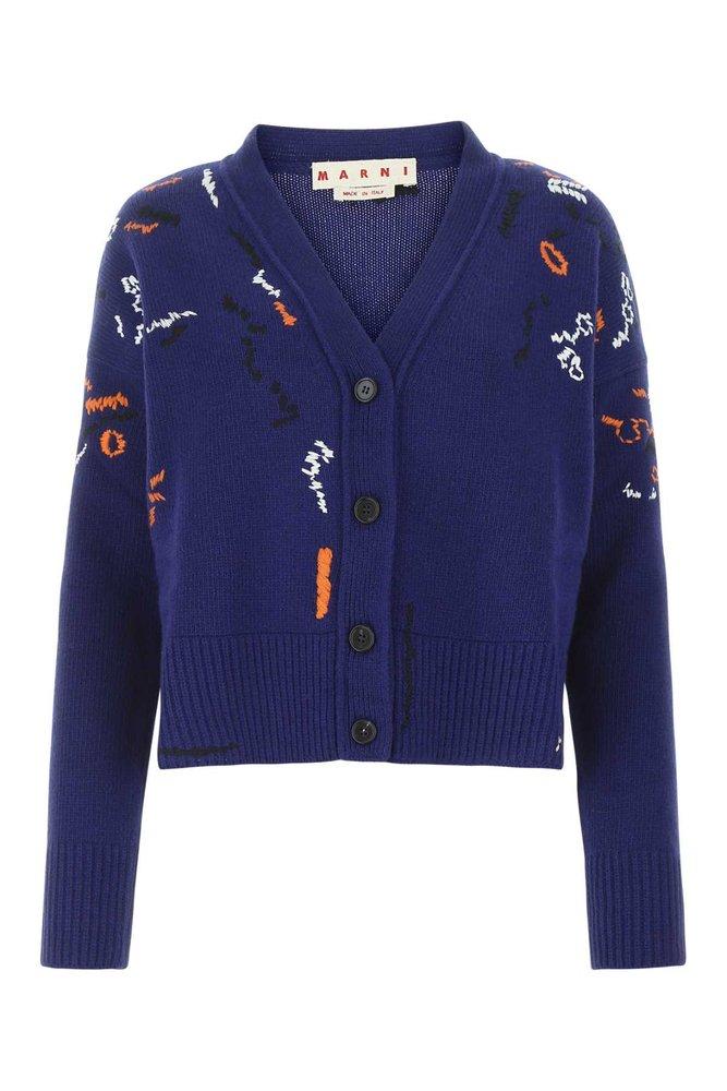 Marni intarsia-knit-logo buttoned cardigan - Blue
