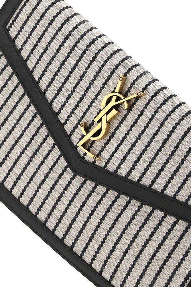 Yves Saint Laurent Striped Logo Embroidered Clutch Bag