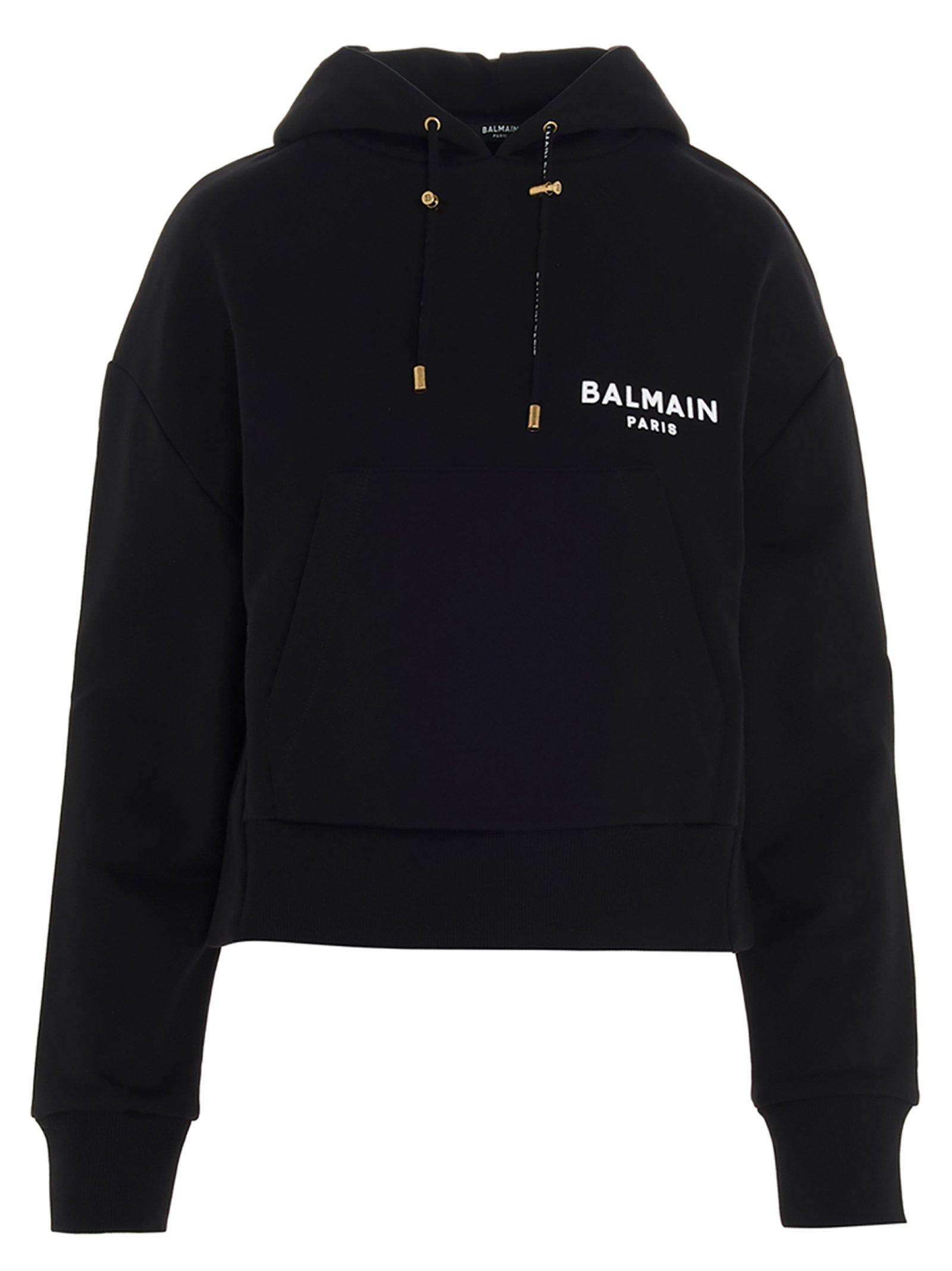 Balmain Cotton Flocked Logo Cropped Hoodie in Black - Lyst