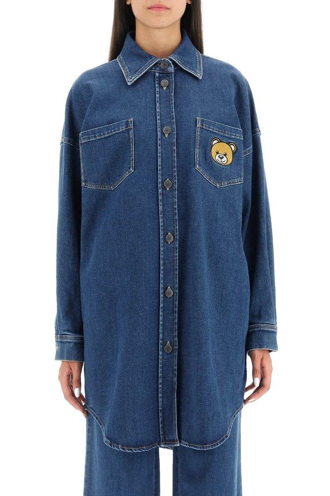 Moschino Teddy-patch Buttoned Denim Shirt Dress in Blue | Lyst