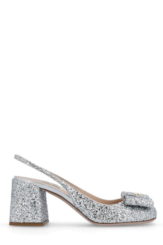 Womens Shoes Heels Pump shoes White Miu Miu Cotton Bow-detailed Slingback Pumps in Silver 
