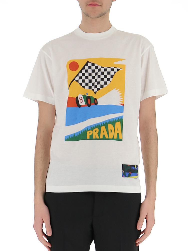 Prada Cotton Race Car Printed T-shirt in White for Men | Lyst