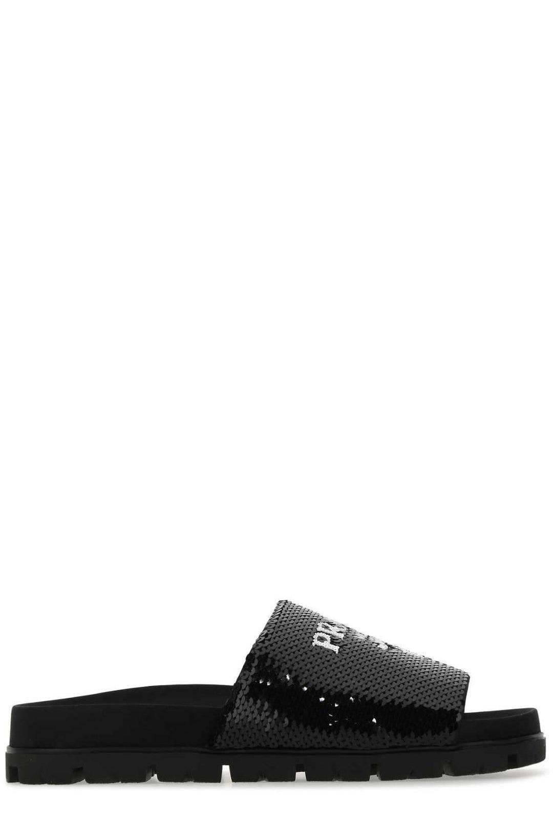 Prada Logo Detailed Sequin Slides in Black | Lyst