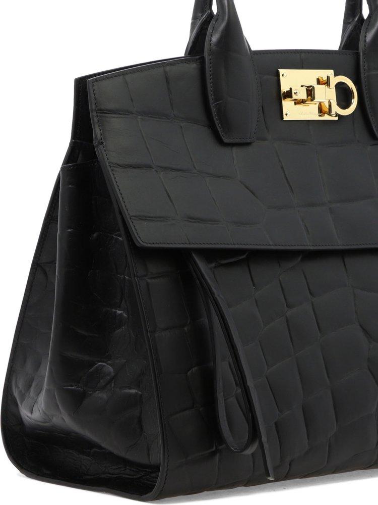 Ferragamo Leather Studio Croc-print Top Handle Bag in Black Womens Bags Top-handle bags 