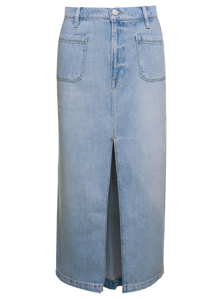 FRAME Le Bardot Maxi Light Blue Skirt With Front Split In Cotton Denim