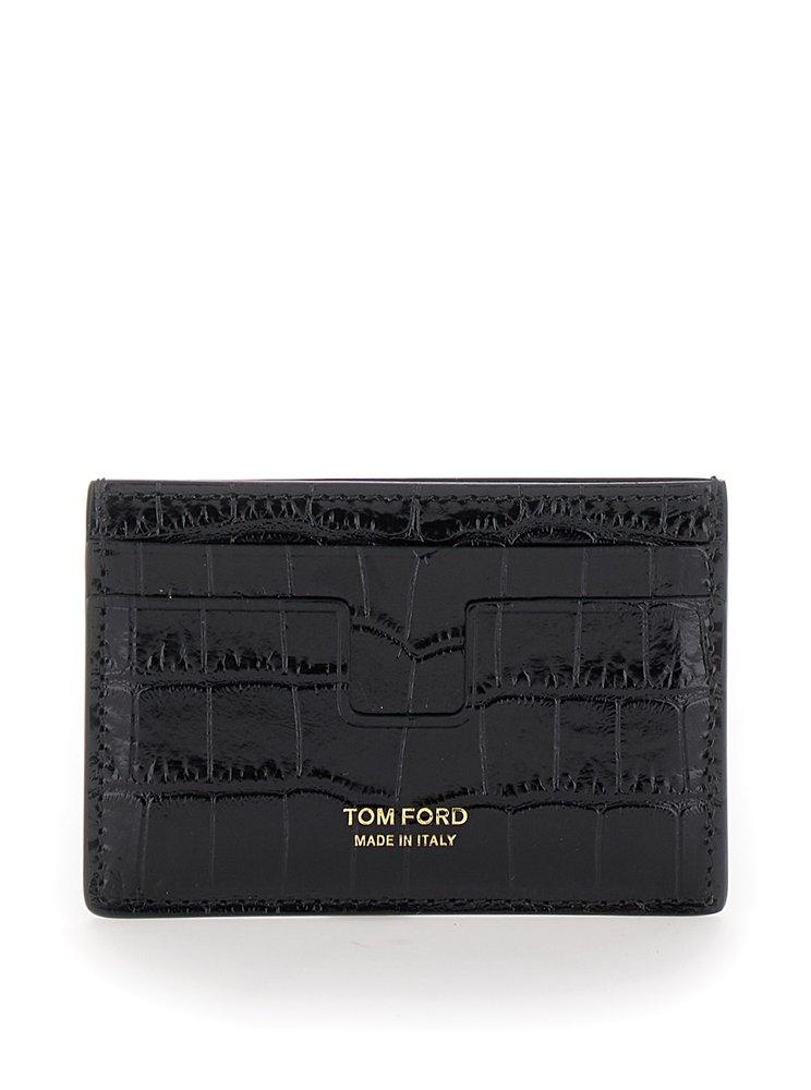 【関税＆送料込み】Tom Ford Black Card Holder With Embossed TOM FORD Men's Croc-Embossed Leather Bifold Card Holder