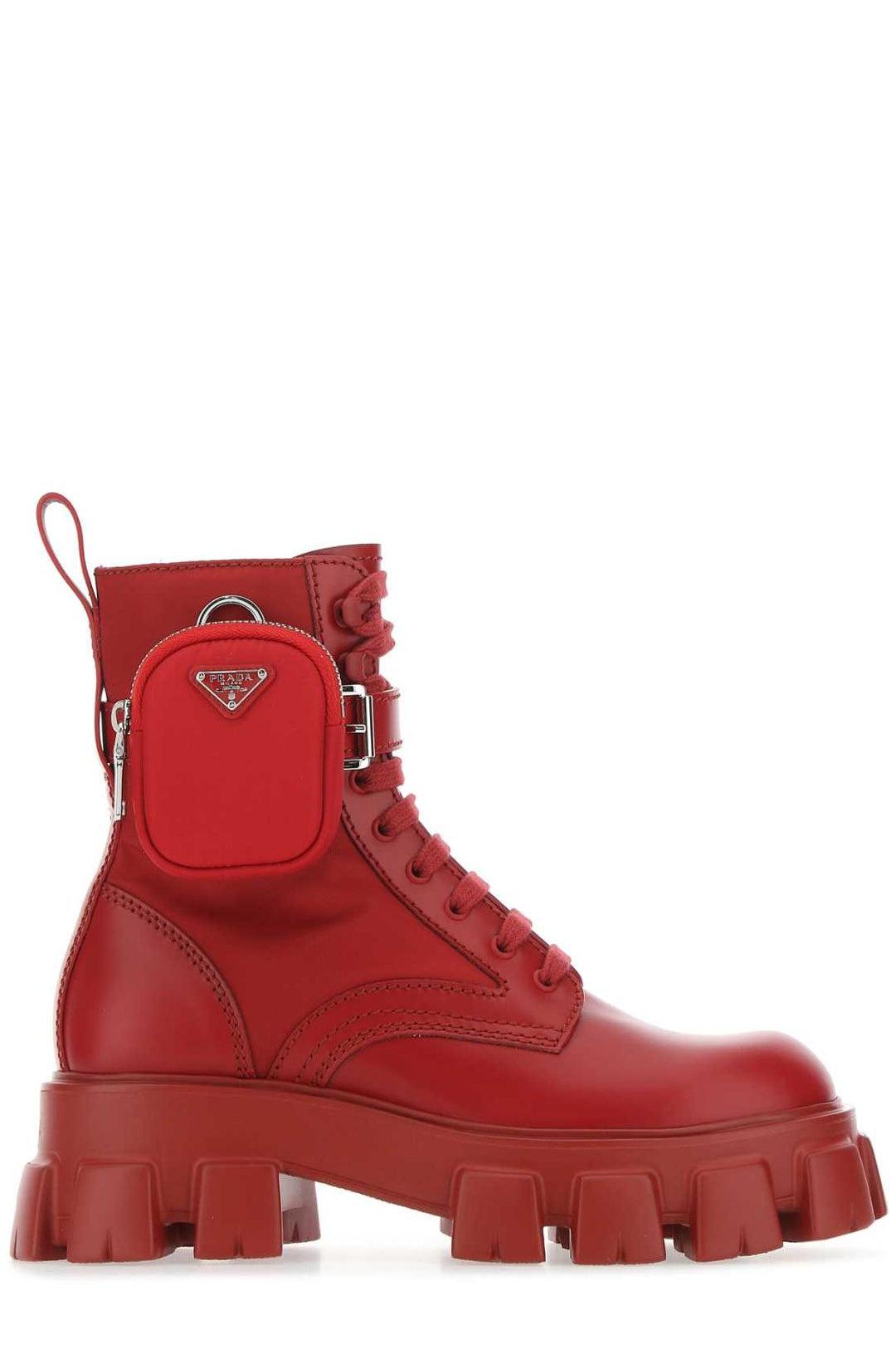 Prada Panelled Pouch-attached Combat Boots in Red for Men | Lyst