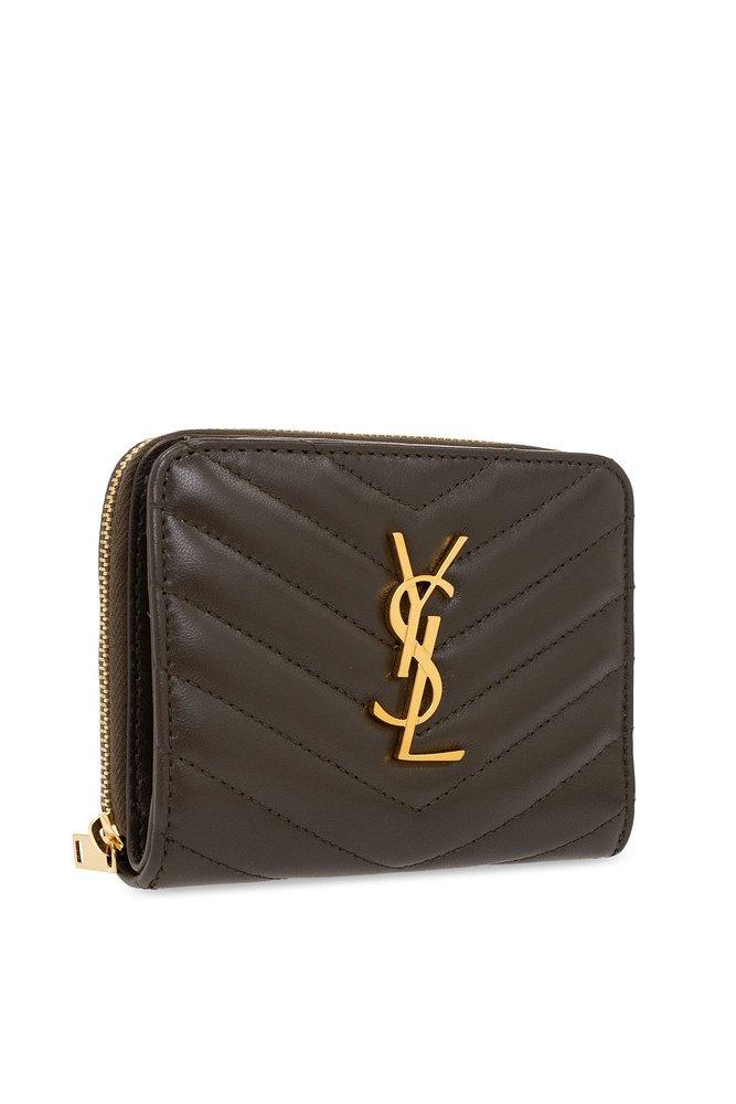 Saint Laurent Black Leather Cassandre Compact Zip Around Wallet