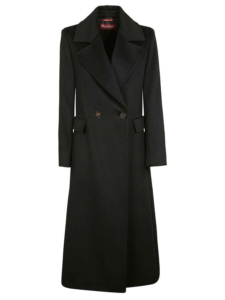 Max Mara Studio Wool Double-breasted Straight Fit Coat in Black Womens Clothing Coats Long coats and winter coats Save 21% 