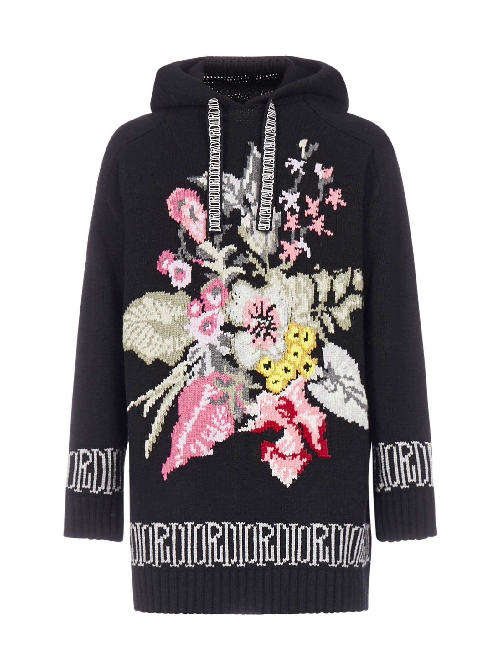 Dior Wool X Shawn Stussy Floral Knit Hooded Sweatshirt in Black 