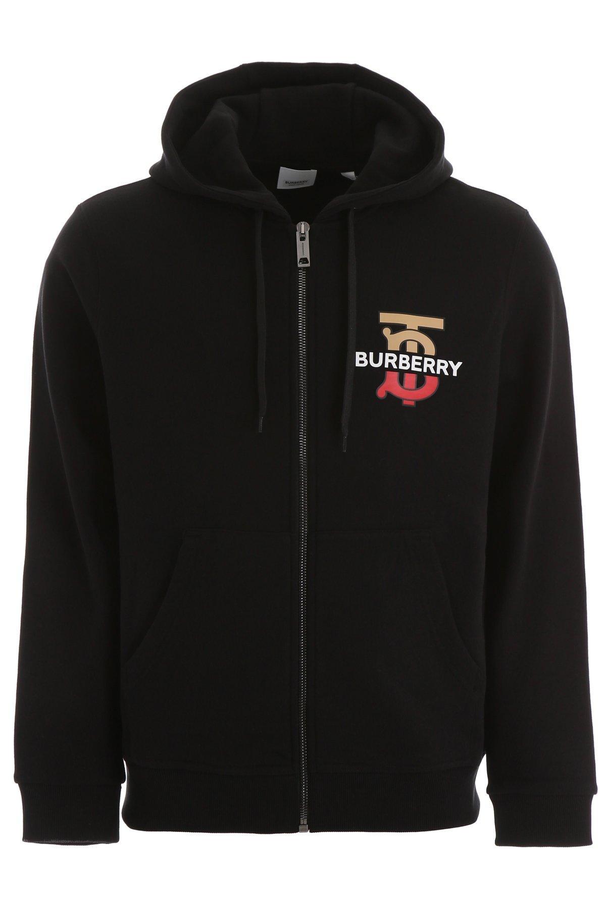 Burberry Cotton Logo Embroidered Zip-up Hoodie in Black for Men - Lyst