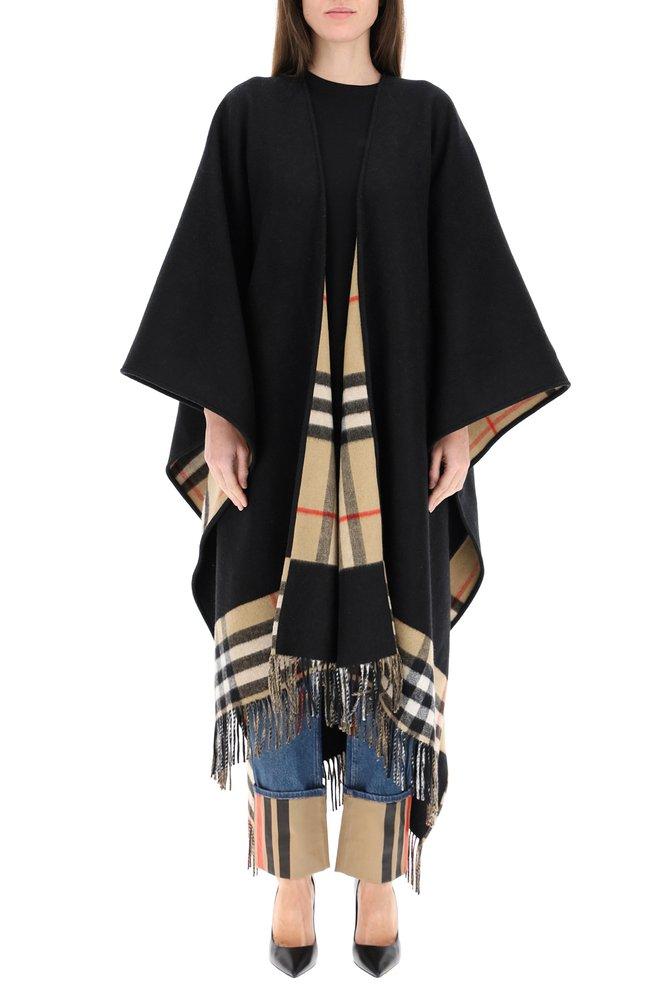 Burberry Cashmere Check Patterned Fringed Cape in Black - Save 22% | Lyst
