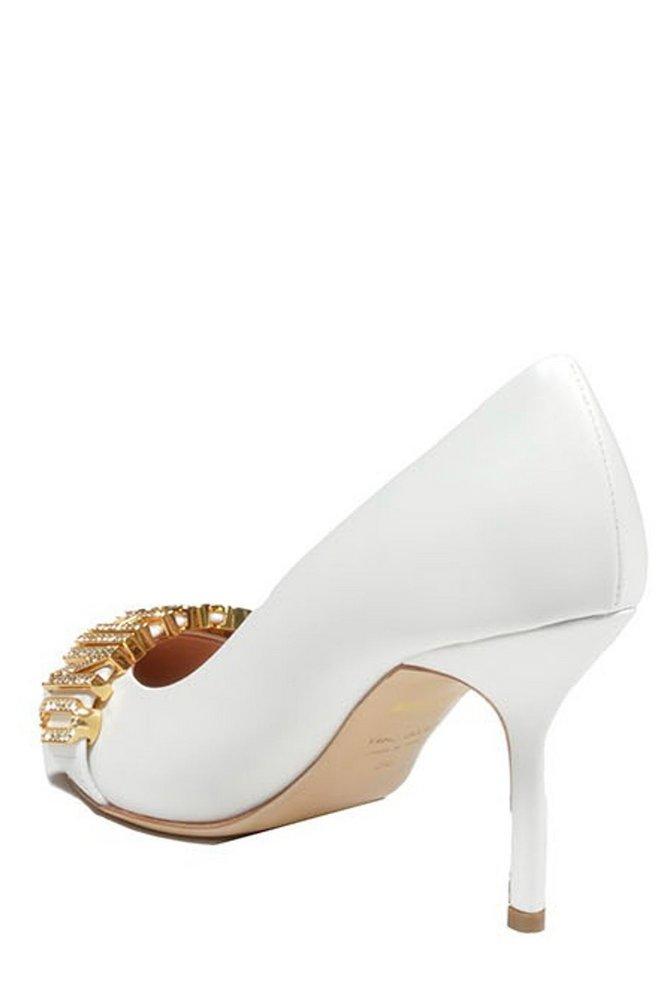 Moschino Crystal Embellished Logo Plaque Pumps in White | Lyst