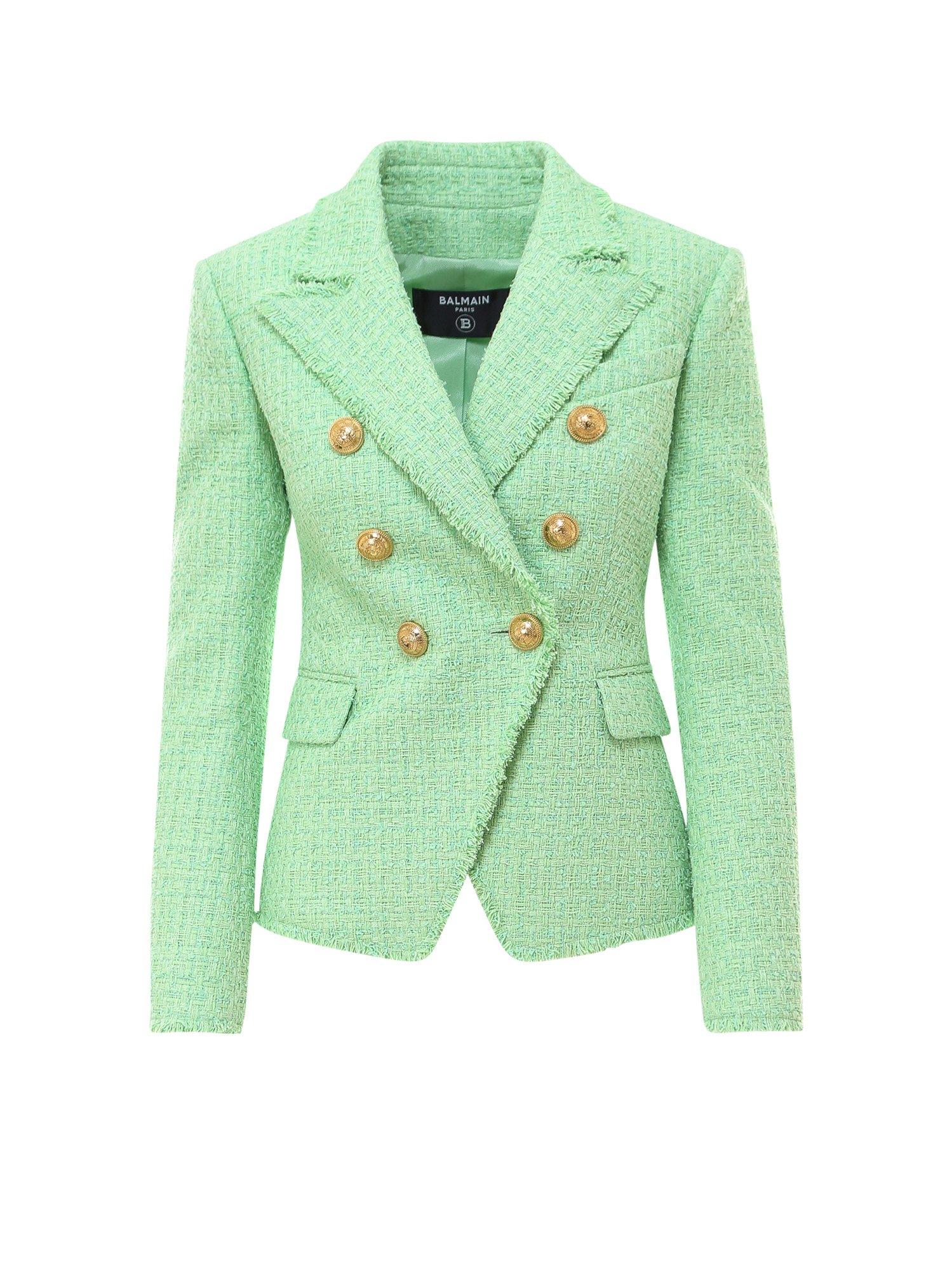 Balmain Bouclé Double Breasted Tweed Blazer in Green | Lyst Australia