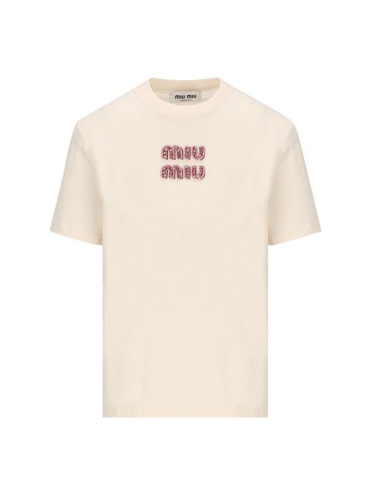 Miu Miu Logo-embellished Crewneck T-shirt in White | Lyst Miu Miu Logo-embellished Crewneck T-shirt in White | Lyst