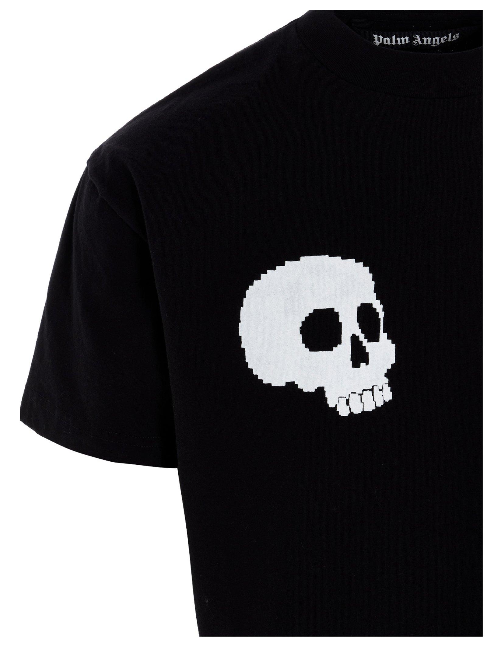 Palm Angels Black & White Cotton Thinking Skull Printed Round Neck T-Shirt  L Palm Angels