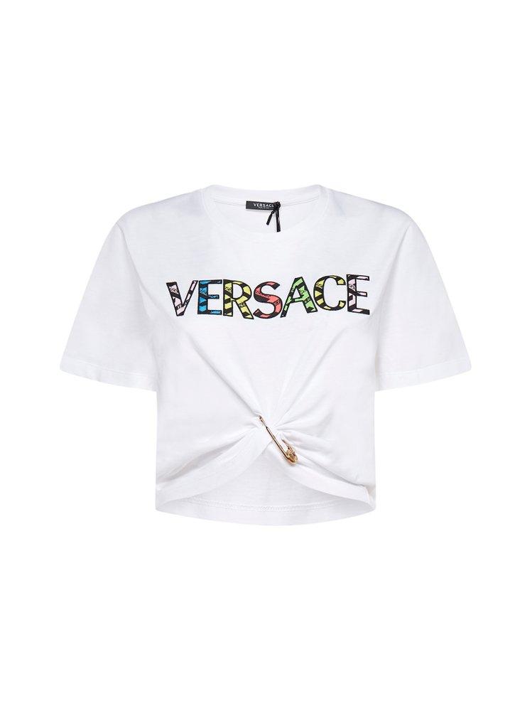 Versace Logo Printed Safety Pin T-shirt in White | Lyst