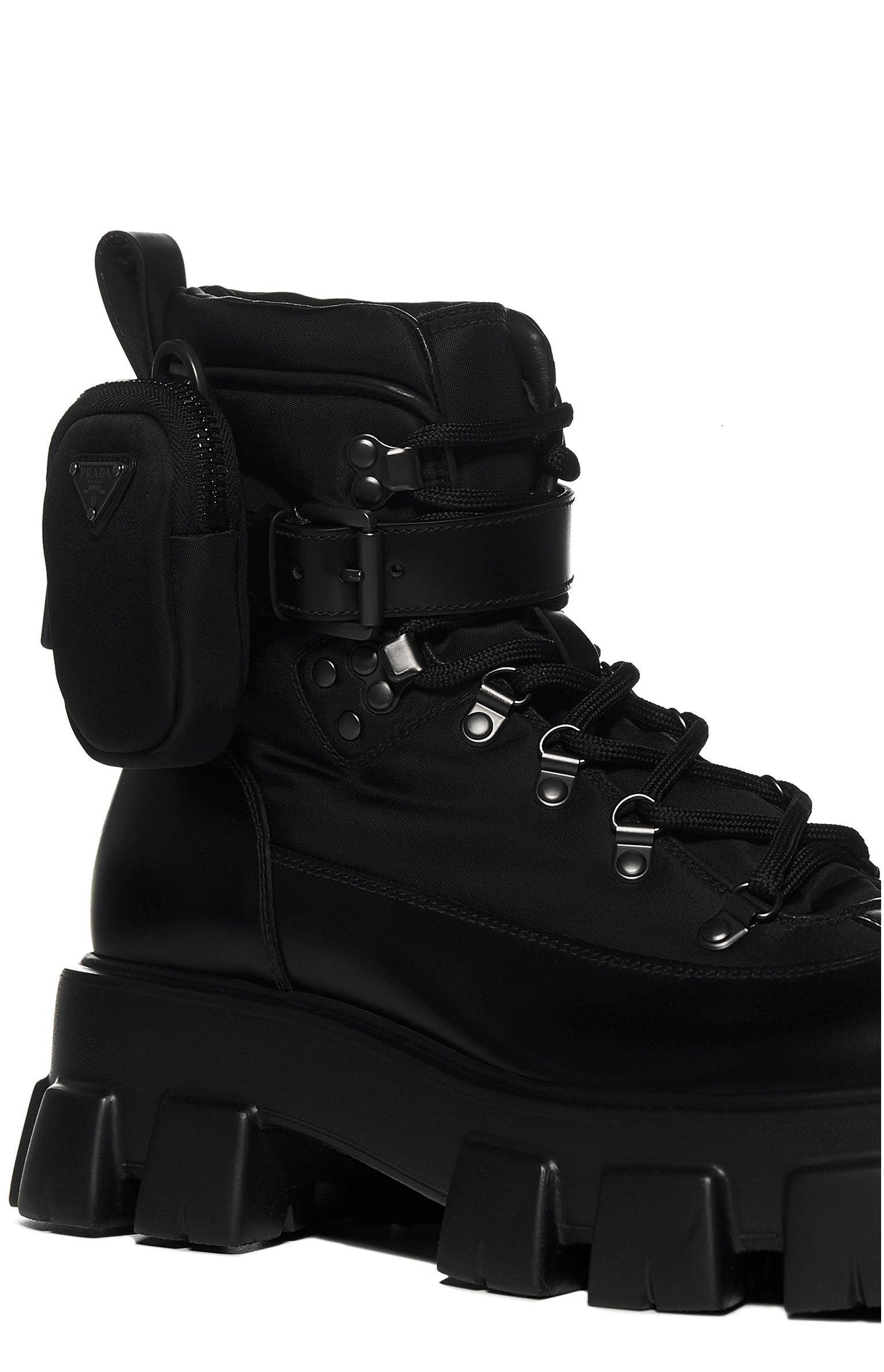 Prada Monolith Pouch Attached Combat Boots in Black for Men | Lyst