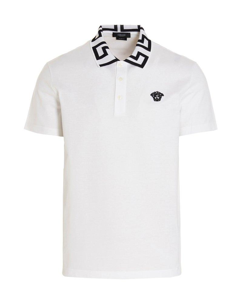 Versace Logo Embroidery Polo Shirt in White for Men | Lyst