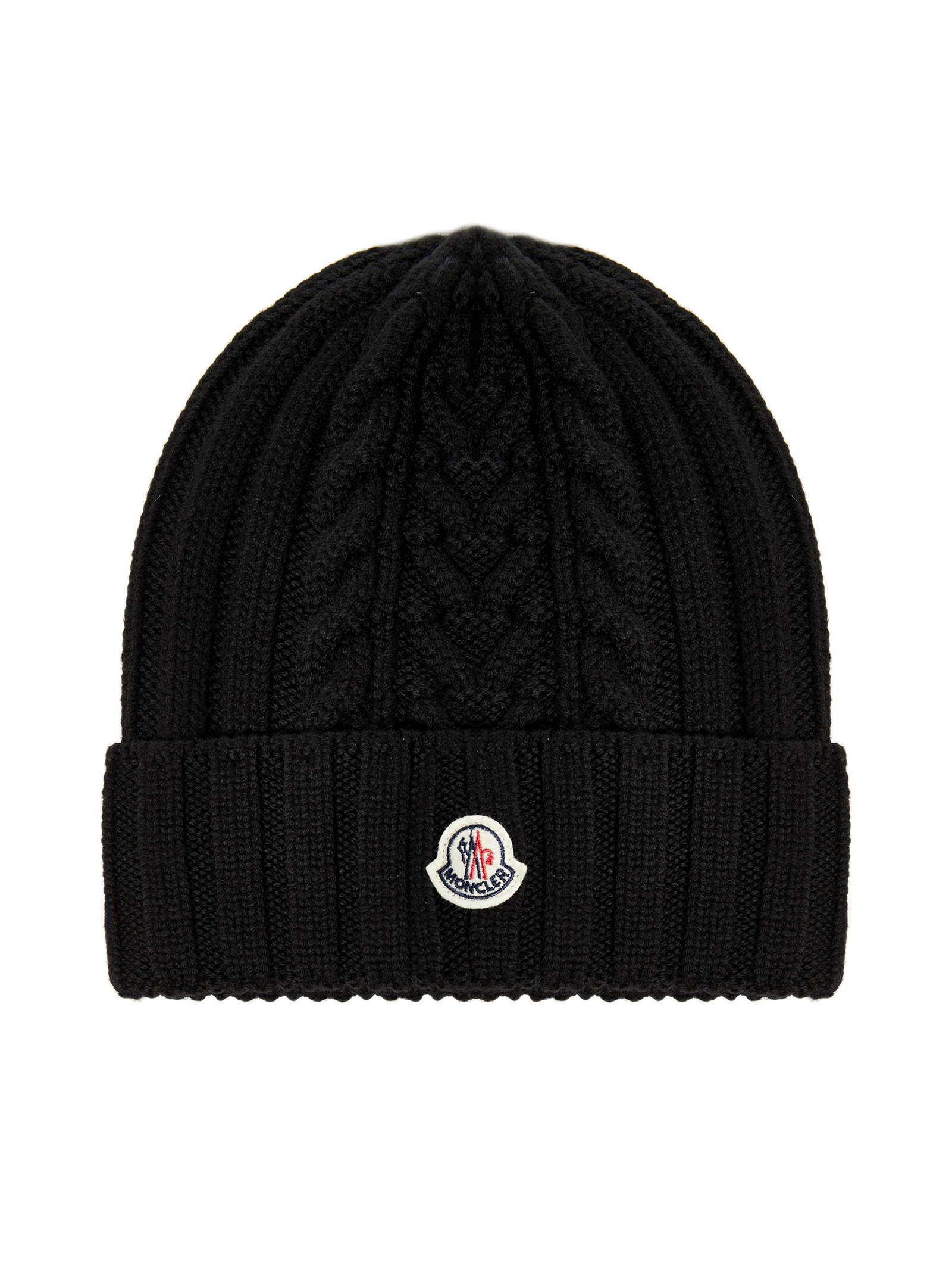 Moncler Wool Logo Patch Ribbed Knit Beanie in Black - Lyst