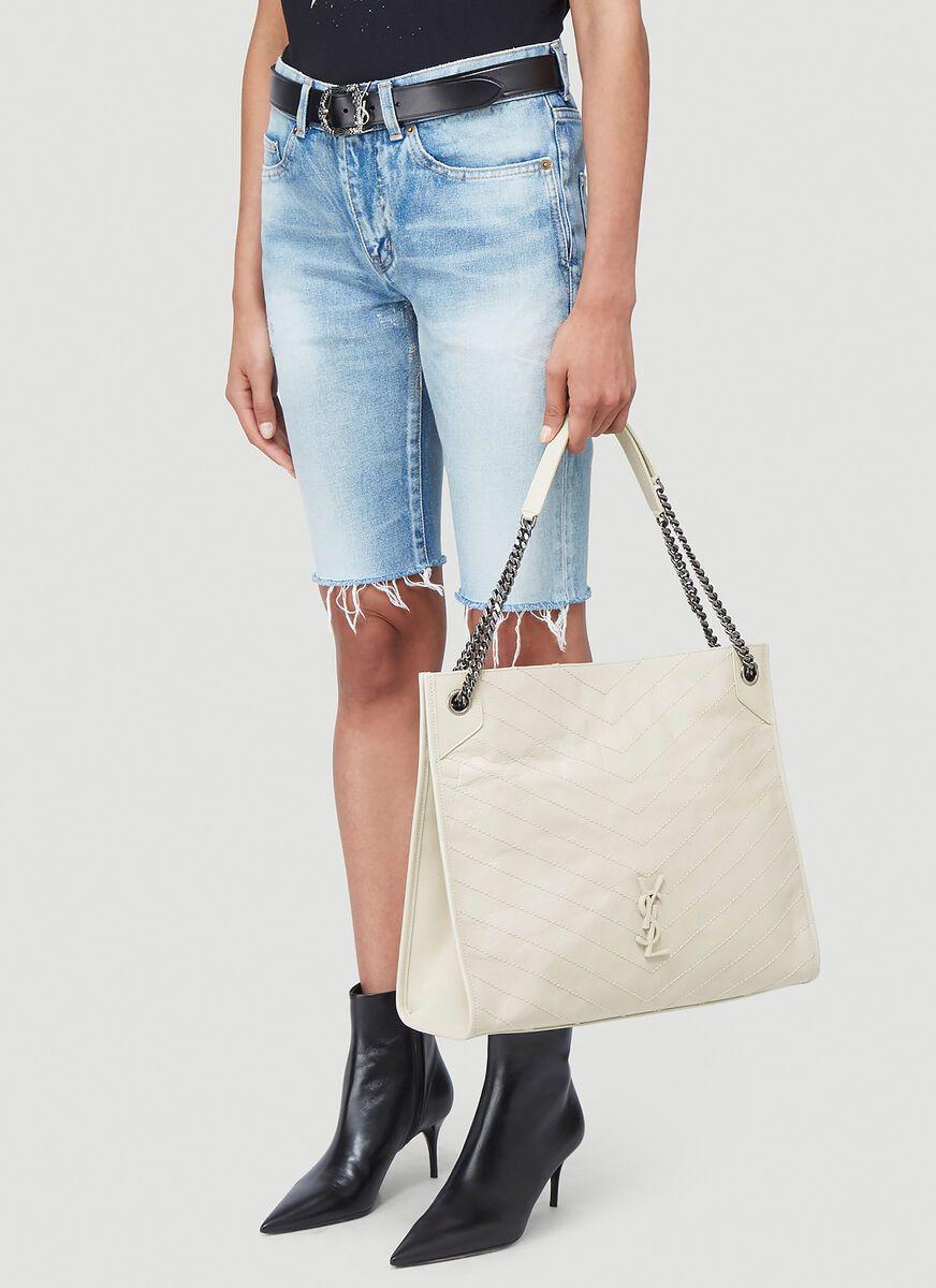 Saint Laurent Niki Large Leather Monogram Shopper Bag in White