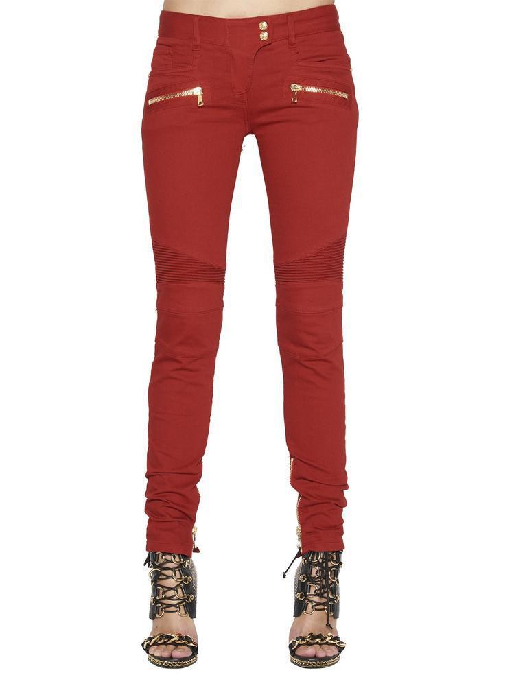 Balmain Denim Biker Jeans in Red - Lyst