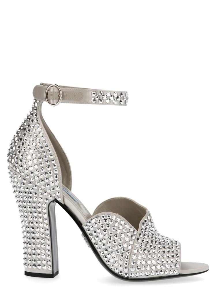 Prada Satin Silver Crystal Embellished Strappy Heeled Sandals in Metallic -  Lyst