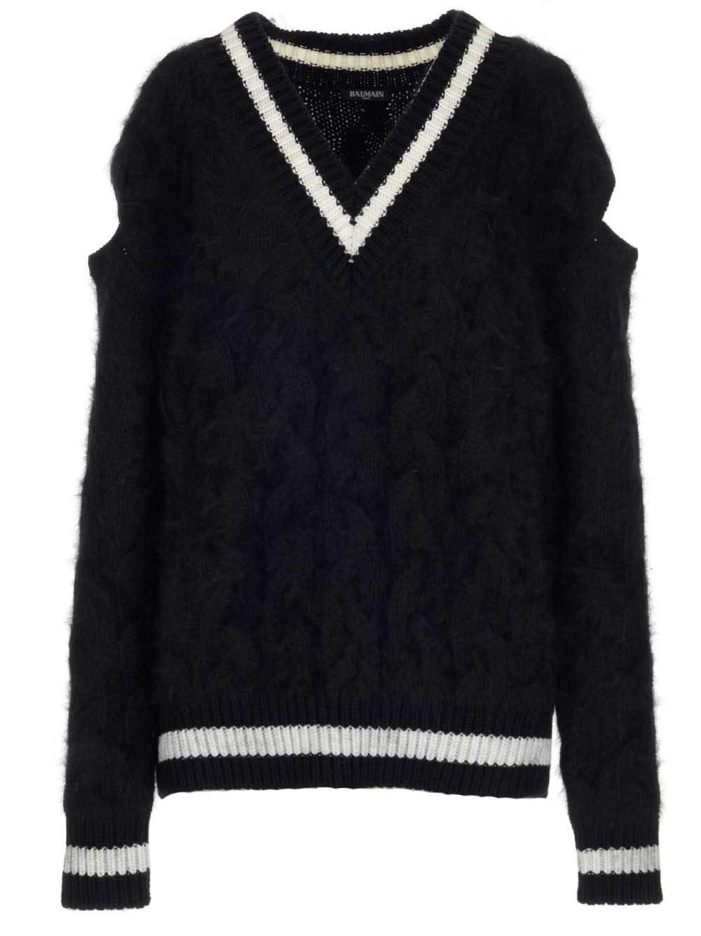 Balmain Wool V Neck Chunky Cable Knit Sweatshirt in Black - Lyst