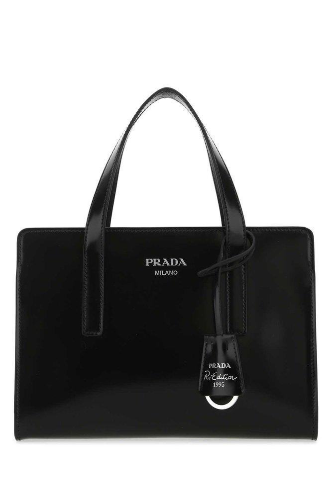 Prada Logo Detailed Top Handle Tote Bag in Black | Lyst
