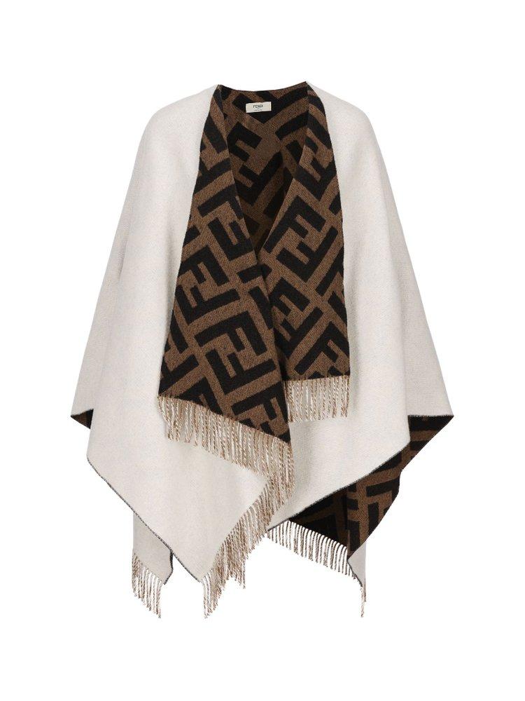 FENDI: poncho in wool and silk blend with FF jacquard pattern - Grey