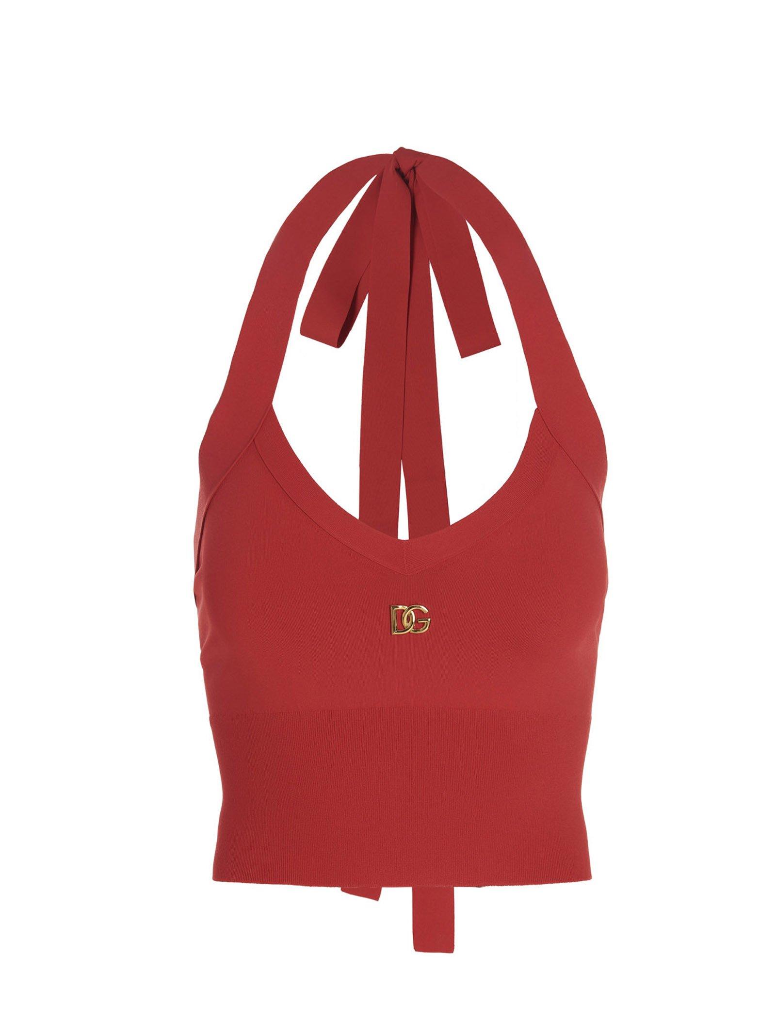 Dolce & Gabbana Logo Plaque V-neck Cropped Top in Red | Lyst