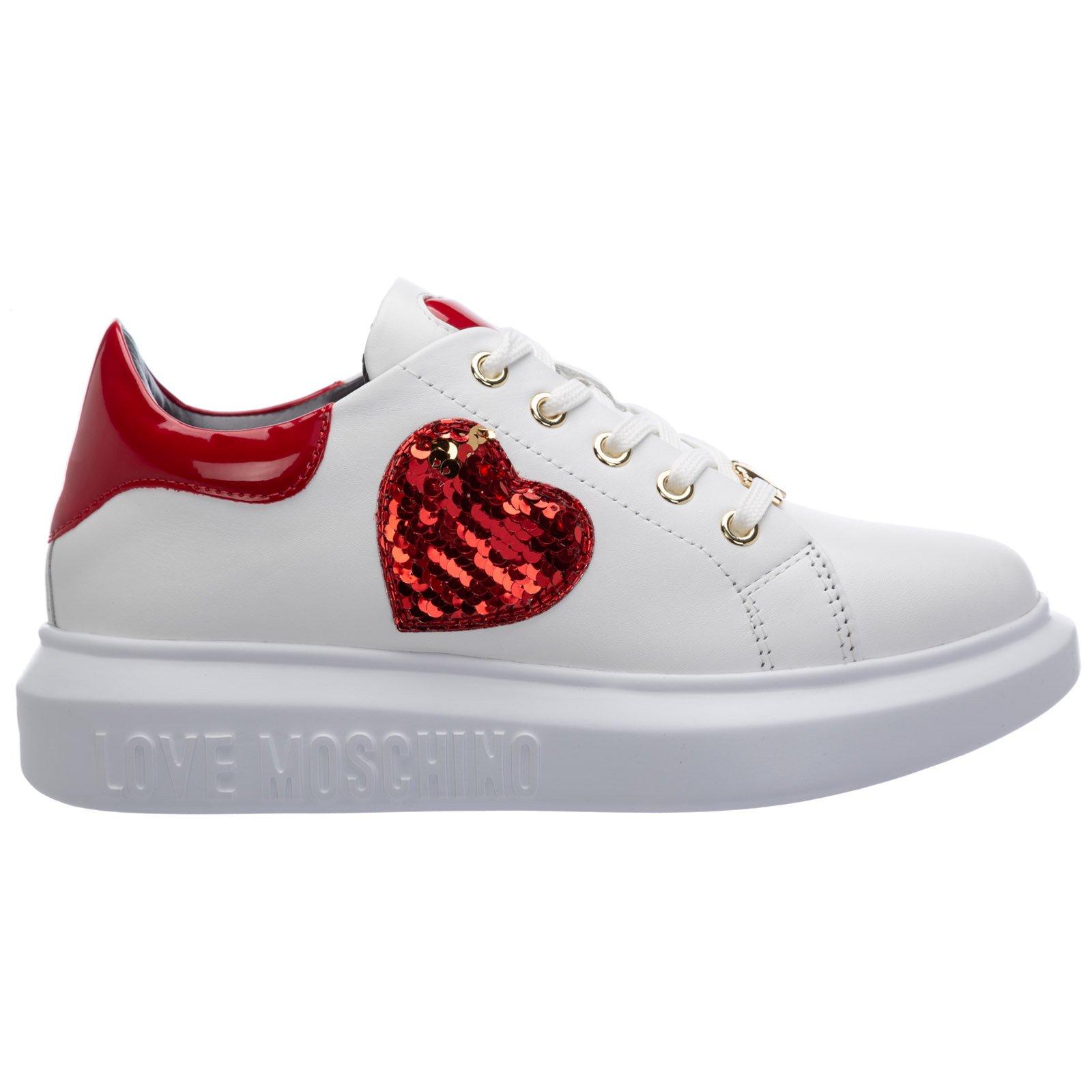 Love Moschino Leather Sequin Heart Detailed Sneakers in White - Lyst