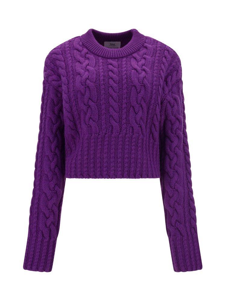 AMI Wool Cable-knit Cropped Jumper in Purple | Lyst