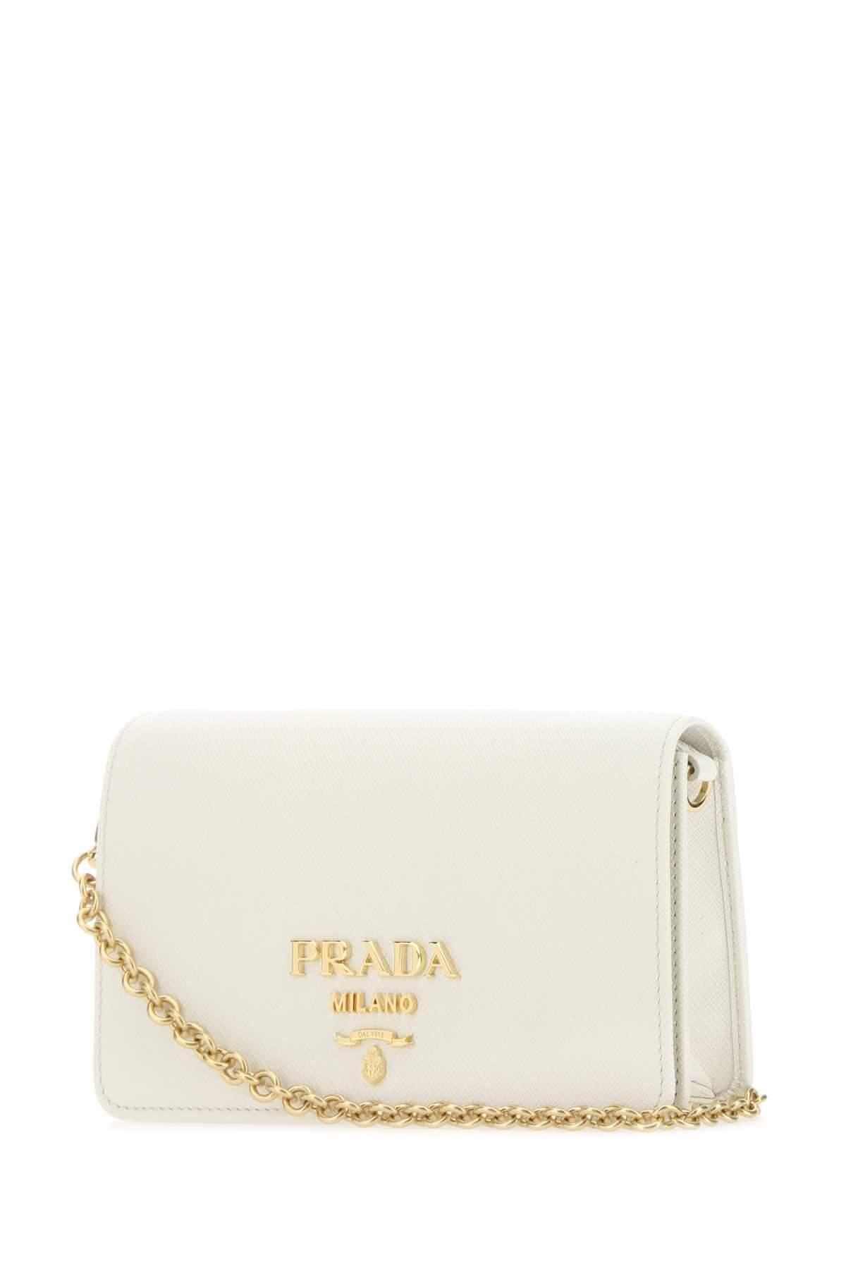Prada Leather Logo Plaque Chain Clutch Bag in White | Lyst